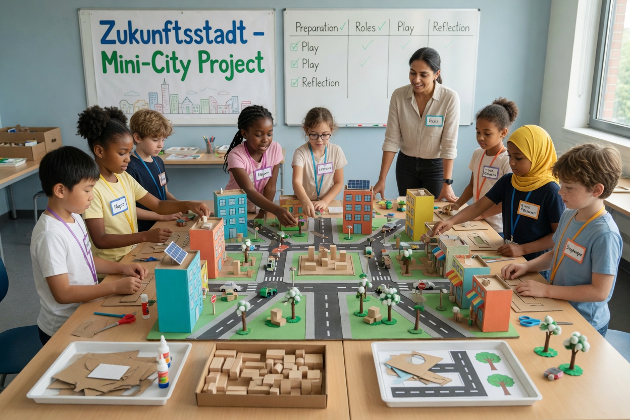 Kinder im Grundschulalter bauen gemeinsam eine bunte Mini‑Stadt an einem Tisch; Rollen-Ausweise sichtbar, Moderator