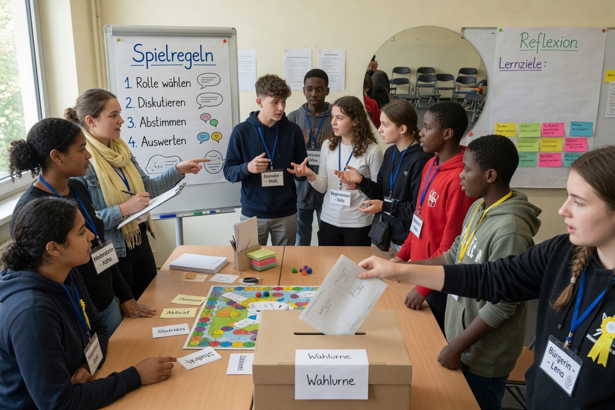 Young people role-play an election in a bright community room: one drops a ballot