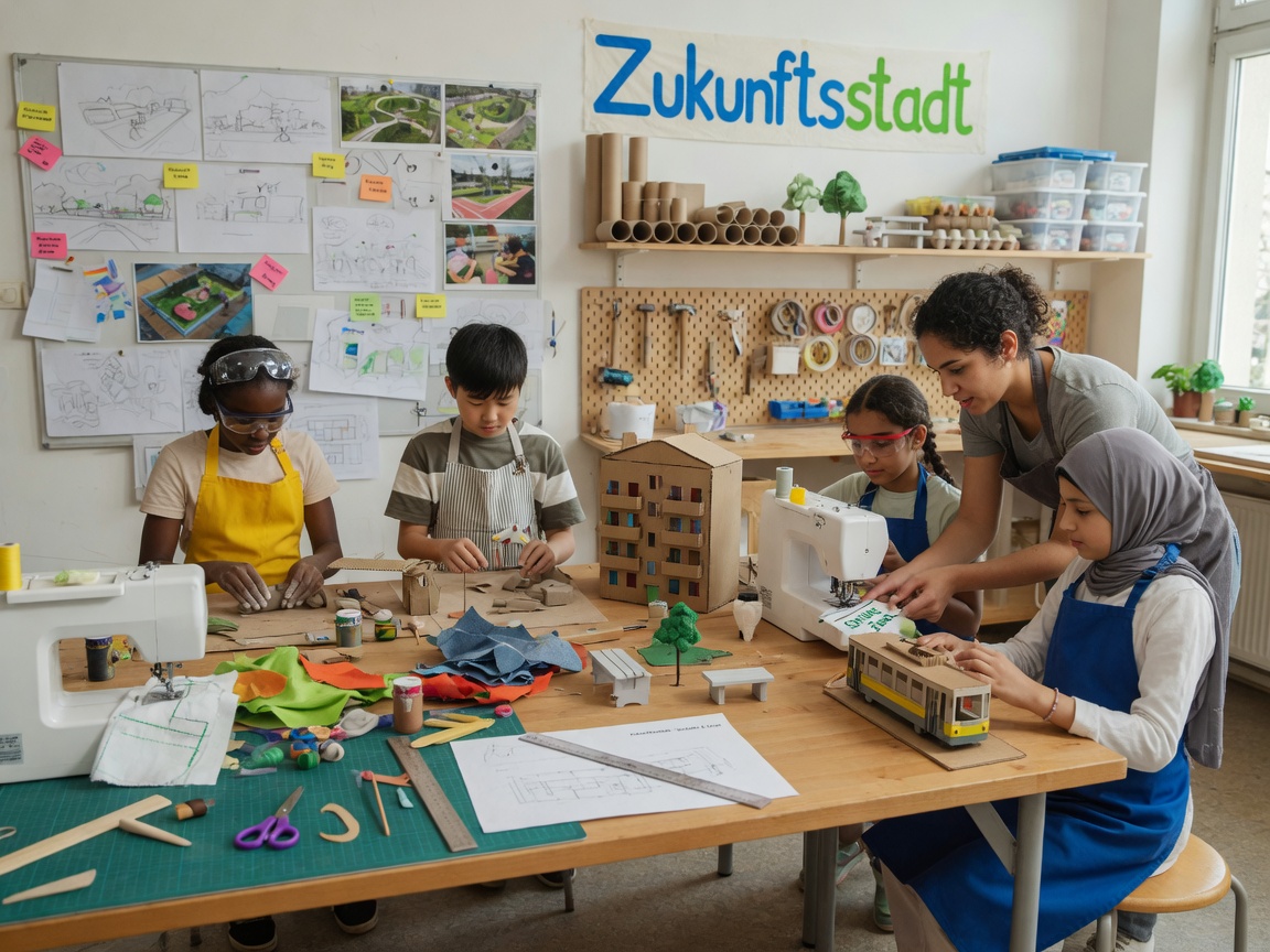 Helle Werkstatt: Kinder und Jugendliche gestalten gemeinsam eine Zukunftsstadt – sie basteln Kartongebäude, töpfern
